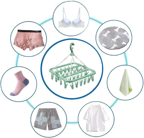 Vista 4 de Percha para secar ropa con 32 pinzas y percha plegable para colgar (Verde Claro)