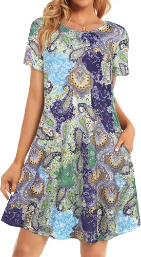 Vista 18 de Vestidos de verano para mujer, informales, holgados, estilo camiseta, florales, de manga corta, con vuelo y bolsillos, para la playa