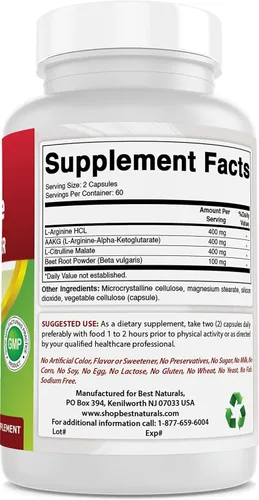 Vista 5 de Best Naturals L-Arginina NO Booster Triple Strength 1300 mg porción 120 cápsulas vegetales (120 unidades (paquete de 2))