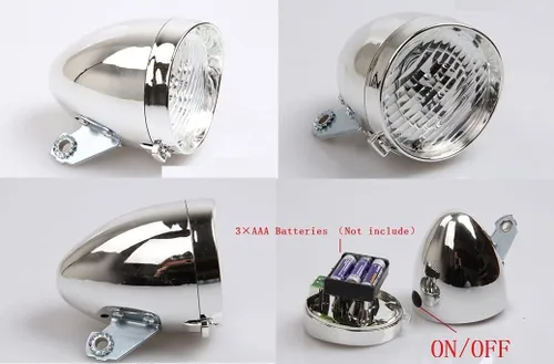 Vista 2 de BlueSunshine - Lámpara de luz delantera para bicicleta, estilo vintage, retro, 3 luces LED con soporte