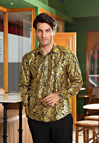 Vista 4 de HISDERN Camisas de vestir de satén brillante para hombre, de lujo, floral, jacquard, de manga larga, a la moda, para bodas, fiestas, bailes