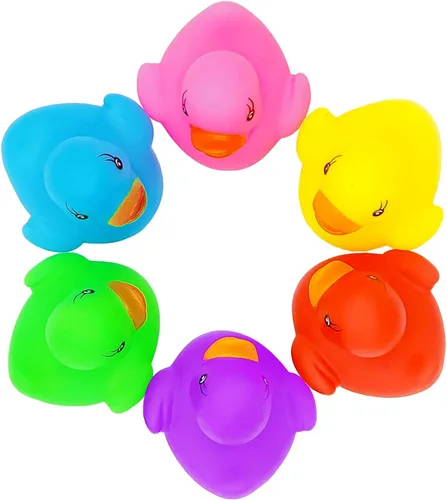 Vista 4 de Paquete de 12 patos clásicos de goma para niños, seis colores sólidos, regalos de cumpleaños de baño, baby showers, aula, verano, playa y actividad