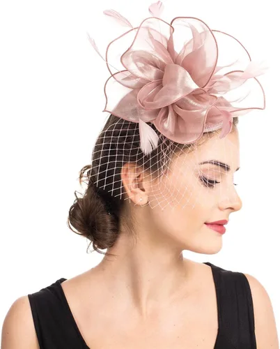 Vista 3 de SAFERIN Fascinator Hair Clip Hat Bowler Feather Flower Veil Wedding Party Hat Tea Hat