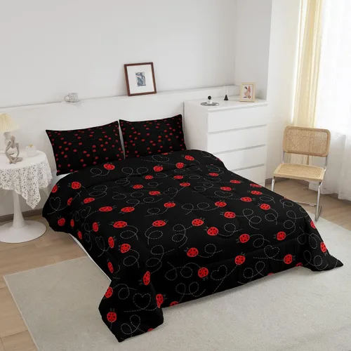 Vista 2 de jejeloiu Lindo juego de edredón de mariquita roja de dibujos animados, juego de ropa de cama para niños y niñas, decoración de animales kawaii