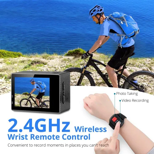 Vista 4 de Dragon Touch Action Camera Vision 3 4K 20MP Cámara impermeable subacuática con control remoto 170° gran angular WiFi Cámara deportiva con kit