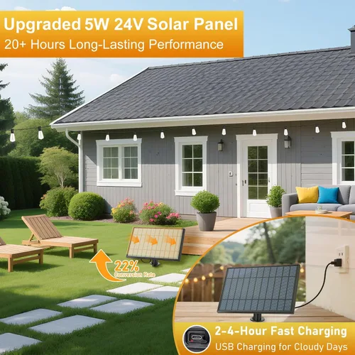 Vista 4 de 100 pies de luces de cadena solar para exteriores con control remoto, luces LED recargables por USB para patio con 52 bombillas ST38 Edison
