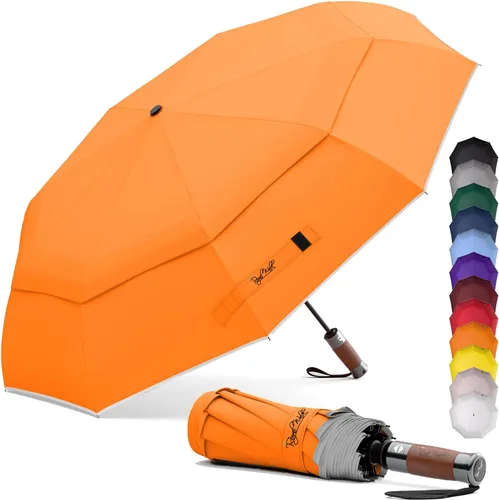 Vista 12 de Royal Walk Paraguas plegable resistente al viento, viaje compacto y fuerte, lujoso, mango de madera real, apertura y cierre automático, doble toldo