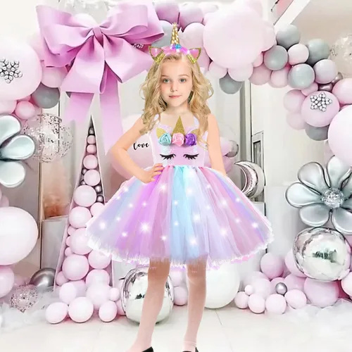 Vista 2 de Dicodoum Disfraz de unicornio para decoración de cumpleaños vestido de fiesta para niñas con luz