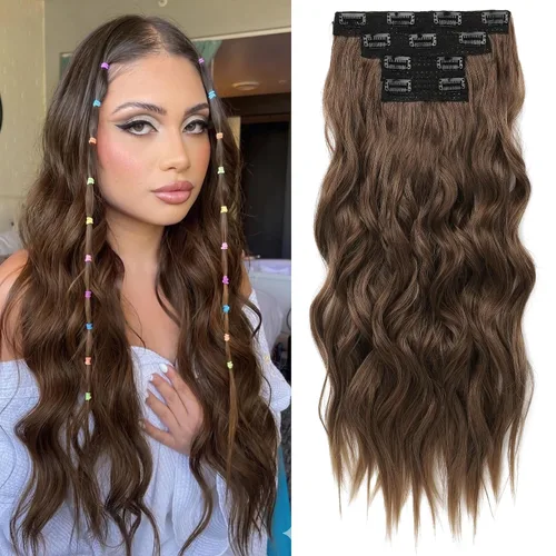 Vista 10 de REECHO Extensiones de cabello con pinza, 4 piezas de extensiones de cabello rubio de 24" de largo, ondas de playa gruesas, HE003, trama de encaje