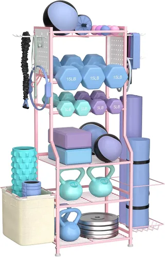 Vista 9 de Estante para mancuernas, almacenamiento de gimnasio en casa para pesas rusas, esterilla de yoga y equipo de entrenamiento de fuerza, estante