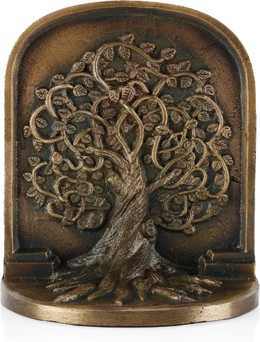 Vista 3 de CRAFTSMAN ROAD Sujetalibros del árbol de la vida, latón antiguo, 2 sujetalibros decorativos para estantes o estanterías, hierro fundido