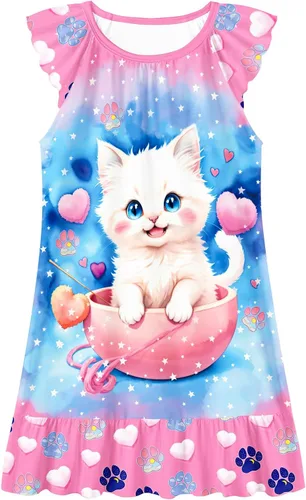 Vista 17 de LQSZ Camisón de noche para niñas, manga con vuelo, ropa de dormir de 3 a 10 años
