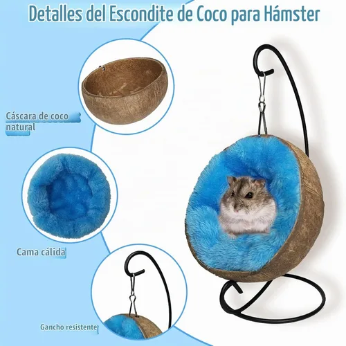 Vista 4 de Fhiny Hamaca escondida de hámster de coco, casa de cama de cáscara de coco cruda natural con almohadilla cálida, decoración de hábitat de animales