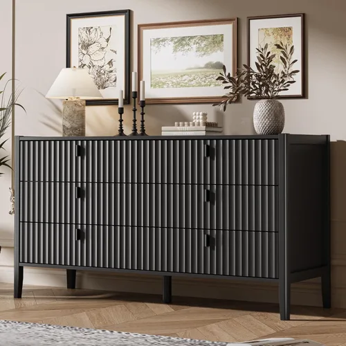 Vista 5 de Cómoda negra de 6 cajones para dormitorio, cómoda de madera moderna, cómoda doble de diseño acanalado con patas de madera, mueble de almacenamiento