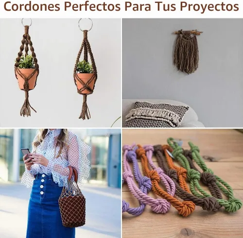 Vista 5 de Cuerda de macramé de 3 mm x 328 yardas, cuerda de macramé de algodón natural colorida de 3 hebras para colgar en la pared, ganchos de plantas Café