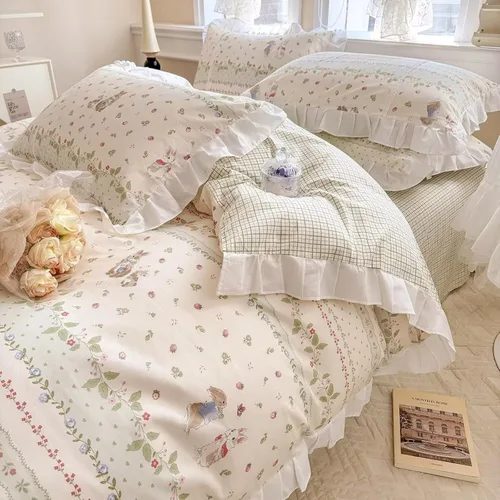 Vista 63 de Funda de edredón de algodón floral tamaño individual con volantes de encaje 100% algodón para adolescentes y niñas, juego de ropa de cama de 3