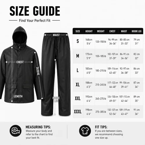 Vista 6 de Rain Suit For Men & Women Waterproof Heavy Duty Rain Gear Reflective Jacket for Fishing Outdoor Work Raincoats Negro