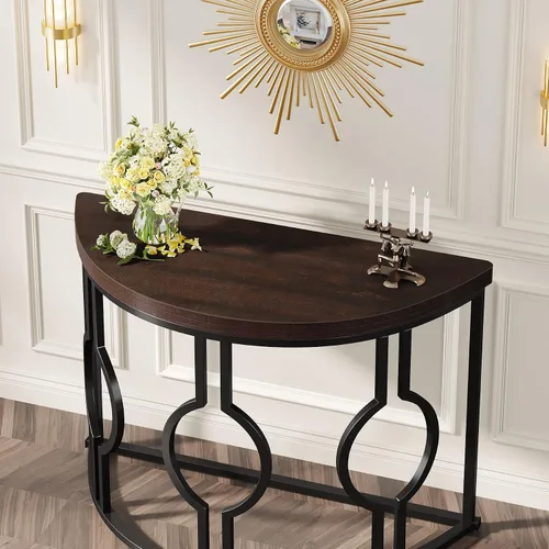 Vista 6 de LITTLE TREE Mesa consola de media luna de 43 pulgadas para entrada, mesa de sofá industrial semicírculo, mesa decorativa de madera para sala