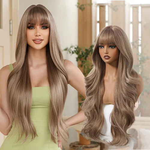 Vista 14 de Allbell - Pelucas largas negras para mujer, rizada, sintética, con flequillo, onda corporal, de aspecto natural, fibra resistente al calor, cabello