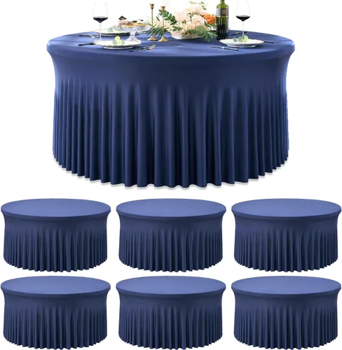 Vista 46 de Paquete de 6 manteles redondos de elastano azul bebé para mesa de 60 pulgadas, manteles elásticos de 120 pulgadas ajustables de 5 pies, manteles