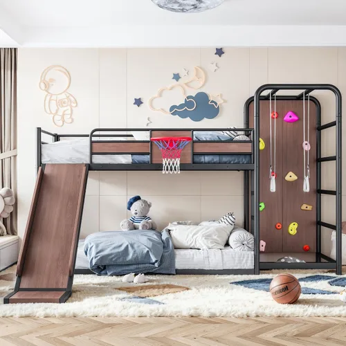 Vista 5 de Polibi Twin Metal Loft Bunk Bed with Basketball Hoop, Slide, Climbing Wall Loft Bed With Climbing Wall, Slide, Rings, And Bookshelves. A Fun Black