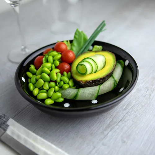 Vista 2 de City to Cottage Hecho a mano de cerámica blanca y negra esmaltada a lunares de 7.3 pulgadas/7.3 in, ensalada de 14 oz/13.5 fl oz, pasta, fruta