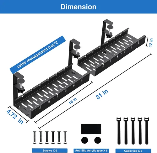Vista 4 de Sin Perforación Extensible para Gestión de Cables Debajo del Escritorio, Bandeja de Gestión de Cables de Metal Debajo del Escritorio con Abrazadera