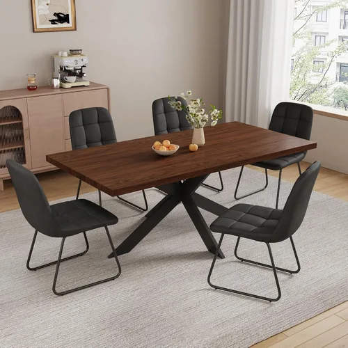 Vista 22 de ZckyCine Juego de mesa de comedor extensible de 6 piezas, moderna mesa de madera gris de 63 a 79 pulgadas con 6 sillas de tela gris, mesa de comedor