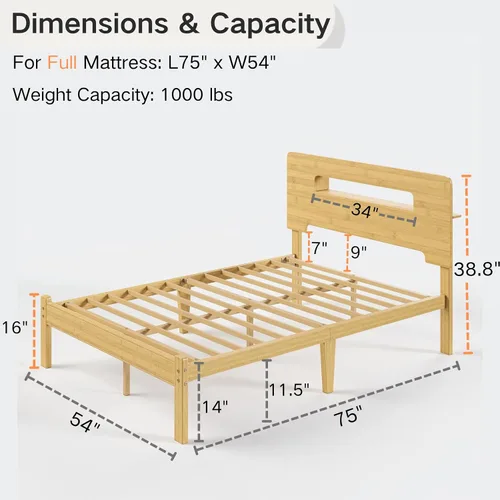 Vista 2 de Base de cama de tamaño matrimonial de 14 pulgadas de bambú con cabecera de almacenamiento, marcos de cama sólidos, soporte de listones de metal