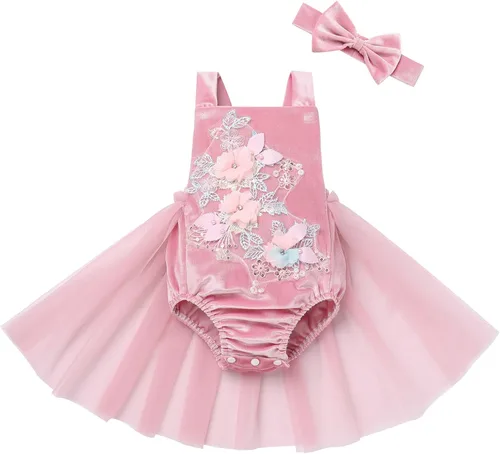 Vista 20 de Traje de bebé niña primer cumpleaños traje de encaje tul mameluco princesa tutú vestido de un año cumpleaños pastel Smash fotografía ropa