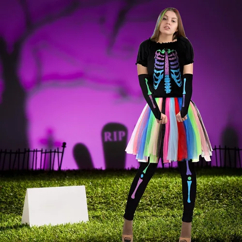 Vista 5 de 17 piezas de disfraces de huesos punk funk, vestido de tutú colorido de esqueleto, disfraz de esqueleto arco iris, camiseta de hueso, pantalones
