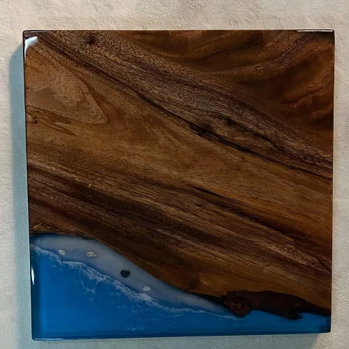 Vista 8 de Mesa de epoxi transparente, mesa de sofá con forma cuadrada, mesa auxiliar de resina de madera, mesa de centro de madera con borde natural para sala