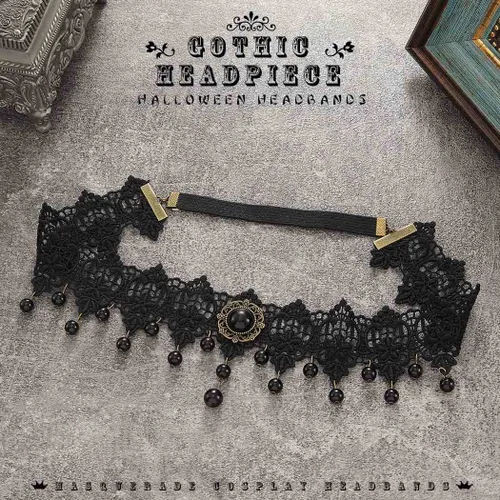 Vista 2 de Catery Diadema de vampiro gótica de encaje negro para Halloween, accesorios de vampiro para mujer