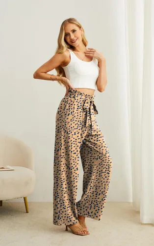 Vista 4 de IWOLLENCE Pantalones de pierna ancha para mujer con bolsillos, cintura alta, nudo ajustable, holgados, casuales, para trabajo y negocios