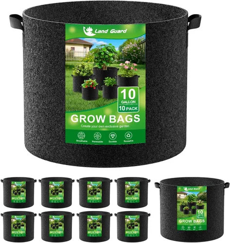 Vista 9 de Land Guard Paquete de 10 bolsas de cultivo de tela de 5 galones, macetas de jardín no tejidas gruesas, bolsas de cultivo con asas, color negro