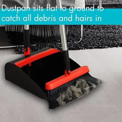 Vista 7 de Juego de 2 escobas y recogedor con mango largo de 48 pulgadas, color negro Stand Up Dustpan with Self-Cleaning Teeth and Long Handle Broom Set for