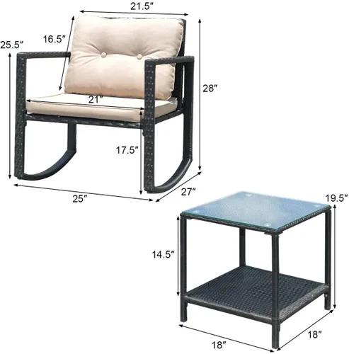 Vista 4 de Tangkula Juego de 3 mecedoras de mimbre para patio, mecedoras al aire libre y mesa con cojines, mesa de centro de cristal con estante