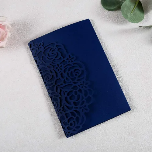 Vista 8 de Juego de 50 invitaciones de boda en blanco azul marino de 4.7 x 7 pulgadas, cortadas con láser, tarjetas de invitación de boda con sobres para boda