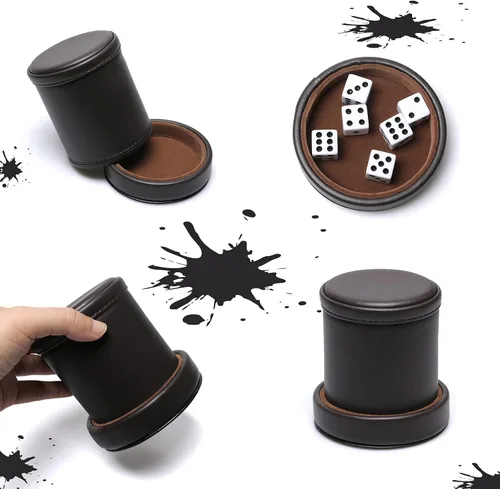 Vista 3 de Taza de dados de piel sintética con tapa, cuero sintético chocolate oscuro y marrón oscuro forrado de fieltro silencioso taza agitadora de dados