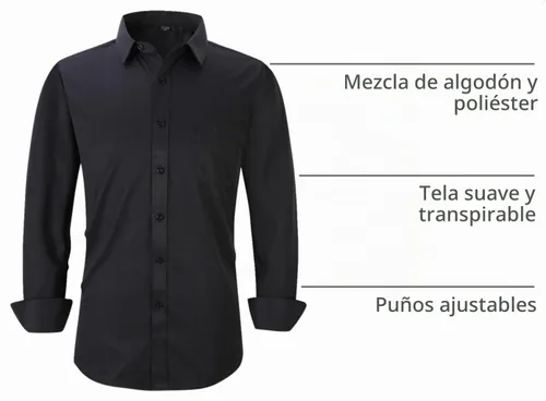 Vista 4 de Camisas de vestir de manga larga para hombre - Camisa casual de ajuste regular con botones y bolsillos Negro