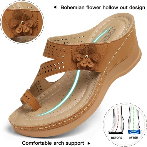 Vista 3 de SHIBEVER Sandalias de cuña para mujer, cómodas, elegantes, informales, bohemias, con plataforma de flores