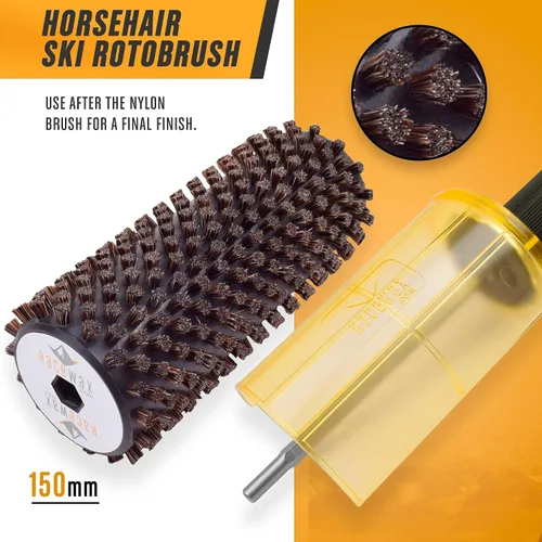 Vista 6 de RaceWax Kit de cera de esquí con cepillo Roto de 5.906 in de ancho, eje de cambio rápido 3 cepillos (latón, pelo de caballo y nailon)