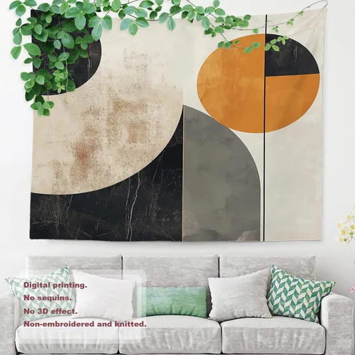 Vista 8 de Shrahala Modern Abstract Artwork Wall Tapestry, Orange Black Beige Wall Hanging Large Tapestry Decoration Polyester Fiber White Hem Around for Dorm