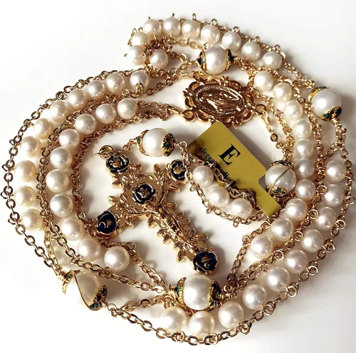 Vista 5 de elegantmedical Hecho a mano 18K chapado en oro de la escalera al cielo perla y perlas reales AAA10mm collar de crucifijo rosario católico, Perla