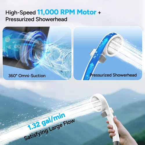 Vista 2 de DR.PREPARE Ducha portátil, bombas de ducha dobles para campamento, 2 × 5000 mAh, motor de 11,000 rpm, flujo de 1.32 galones/min, boquilla