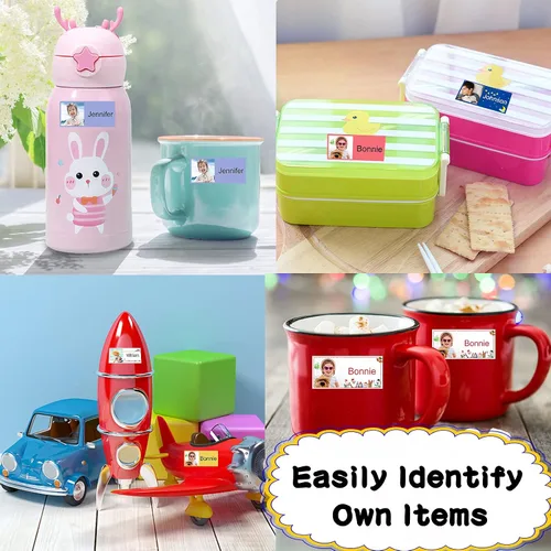 Vista 6 de 78 etiquetas personalizadas para niños con fotos impermeables, etiquetas de nombre personalizadas para suministros escolares, guardería, botellas