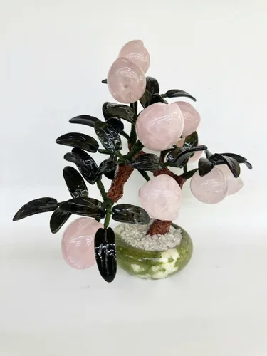 Vista 3 de Árbol de melocotón de cristal de cuarzo rosa natural Feng Shui, bonsái Feng Shui árbol de dinero para energía positiva, suerte y riqueza, alrededor