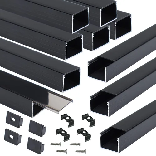 Vista 11 de Muzata Paquete de 10 unidades de 6.6 pies/6.6 ft con sistema de canal LED negro en forma de U con cubierta de difusor blanco lechoso esmerilado