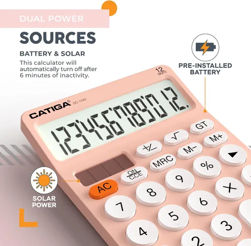 Vista 4 de CATIGA Calculadora de escritorio de 12 dígitos Calculadora de escritorio básica con pantalla LCD grande, botones grandes, 4 funciones, energía solar