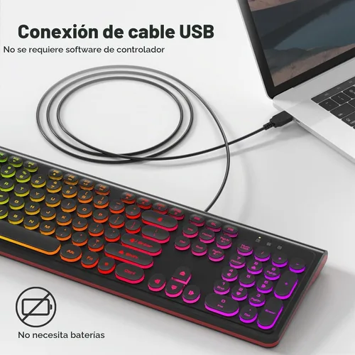 Vista 3 de Atelus Teclado USB con cable con retroiluminación de 7 colores, teclado de tamaño completo con teclas retro, teclado numérico y tecla de acceso